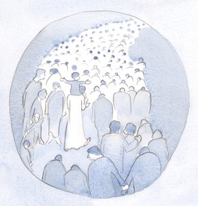 Kristus kulki kansansa keskellä, lapsi harteillaan, pyhiinvaeltajien ja sairaiden kanssa., 2001 (paperilla) tekijältä Elizabeth Wang
