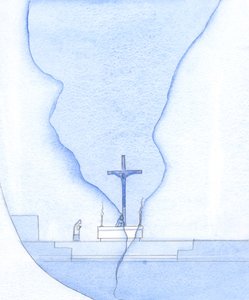 Pyhän messun aikana pyhäkön poikki ilmestyi halkeama, jonka läpi näin Kristuksen ristillä, 2002 (paperilla) tekijältä Elizabeth Wang
