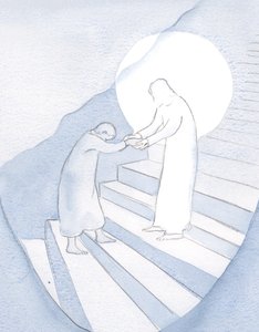 Jokainen pieni itsevarma rukous antaa Kristuksen johdattaa meidät ylös Pyhälle vuorelle. Mutta hän ei piirrä meitä ilman lupaamme., 2001 (w/c paperilla) tekijältä Elizabeth Wang