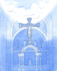 Kaukana yläpuolellamme, taivaan korkeuksissa, asuu Isä, jota me ylistämme messussa Kristuksen, hänen Poikansa, kautta, 2005 (vesiväri paperille). tekijältä Elizabeth Wang