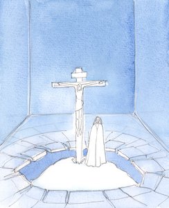 Jeesus Kristus, Vapahtajamme, rukoilee pyhäkköstämme jokaisessa messussa rukouksen, jonka hän rukoili puolestamme kärsimyksensä aikana kuollessaan Golgatalla: "Isä, anna heille anteeksi", 2005 (vesiväri paperille). tekijältä Elizabeth Wang