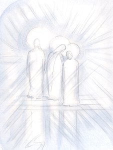Näin Jeesuksen selvästi, Hänen pyhän äitinsä hänen rinnallaan ja pyhän Joosefin hänen vieressään. Kristus antaa ne meille auttajina ja esimerkkeinä, 2000 (paperilla) tekijältä Elizabeth Wang