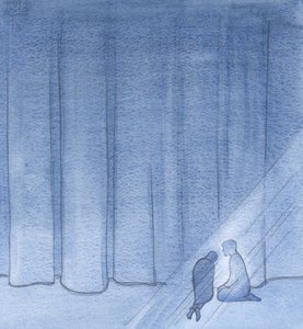 Minua auttoi ja rauhoitti, siellä pimeydessä, Kristuksen hiljainen kumppanuus tällä puolella verhoa., 2001 (w/c paperilla) tekijältä Elizabeth Wang
