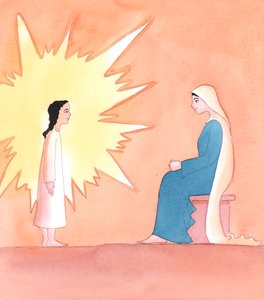 Jos haluamme lähestyä Kristusta palvonnassa, osoittaa rakkautta, jota hänen äitinsä Maria osoitti hänelle maan päällä, meidän tarvitsee vain osoittaa hänelle iloamme hänen todellisesta läsnäolostaan, 2005 (akvarelli paperille). tekijältä Elizabeth Wang