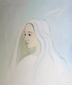 Taivaassa Neitsyt Maria jakaa poikansa huolen kaikesta, mitä maan päällä tapahtuu, 2000 (öljy aluksella) tekijältä Elizabeth Wang