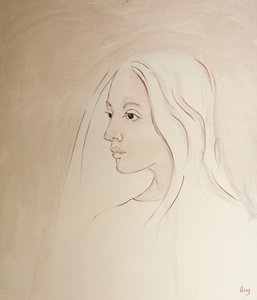Taivaassa Neitsyt Maria jakaa poikansa huolen kaikesta, mitä maan päällä tapahtuu, 2000 (öljy aluksella) tekijältä Elizabeth Wang