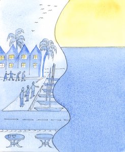 Merenrantakaupungissa voimme katsella vilkkaita katuja ja satamaa tai kääntyä ihailemaan taivasta ja tyyntä merta, 2003 (paperilla w/c) tekijältä Elizabeth Wang