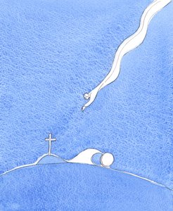 Laskeutuessaan maan päälle ihmisenä Jumalan Poika tuli jakamaan jumalallista voimaansa, elämäänsä, viisauttaan ja iloaan, 2005 (akvarelli paperille). tekijältä Elizabeth Wang