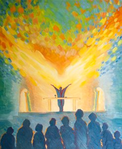 Pyhässä liturgiassa, aivan kuten henkilökohtaisessa rukouksessamme, luotamme Pyhän Hengen voimaan, 2000 (öljyä aluksella) tekijältä Elizabeth Wang