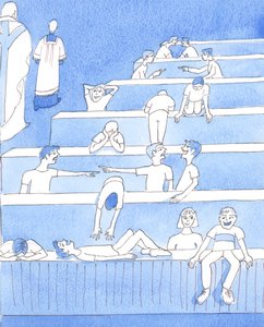 Se johtuu pääasiassa siitä, että katoliset lapset ovat saaneet niin huonon katekumeenin, että he eivät tiedä Kristuksen todellisesta läsnäolosta kirkossa, vaan höpöttelevät, huutavat ja käyttäytyvät huonosti kuin leikkikentällä, 2005 (vesiväri paperille). tekijältä Elizabeth Wang