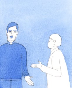 Ei riitä, että papisto sanoo huolimattomasta ja harkitsemattomasta messun viettämisestä: "Ihmiset ovat tottuneet siihen", 2005 (akvarelli paperille). tekijältä Elizabeth Wang