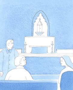 Joskus on oikein, sanoi Herra, antaa lyhyt, hiljainen muistutus meluisille ihmisille, että kirkko on paikka rukoukselle, eikä arkipäiväisten asioiden rupattelulle, 2005 (akvarelli paperille). tekijältä Elizabeth Wang