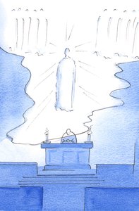 Tuntui kuin itse taivaan lattia olisi ulotettu alttarin yli, niin että Kristus oli läsnä sekä taivaassa että alttarilla, 2003 (w/c paperilla) tekijältä Elizabeth Wang
