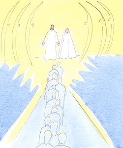 Ristiinnaulittu Jeesus odottaa taivaan portilla äitinsä Marian ja pyhien enkelien kanssa, 2000 (paperilla) tekijältä Elizabeth Wang