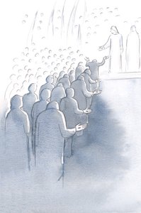 Ristiinnaulittu Jeesus odottaa taivaan portilla äitinsä Marian ja pyhien enkelien kanssa, 2000 (paperilla) tekijältä Elizabeth Wang