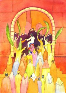 Jeesus saapuu Jerusalemiin kulkueessa (palmusunnuntai), 2001 (paperilla) tekijältä Elizabeth Wang