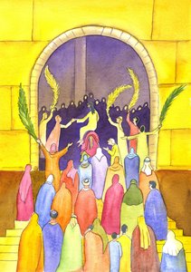 Jeesus saapuu Jerusalemiin kulkueessa (palmusunnuntai), 2001 (paperilla) tekijältä Elizabeth Wang