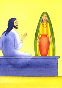 Jeesus tapaa samarialaisen naisen kaivolla, 2001 (paperilla) tekijältä Elizabeth Wang
