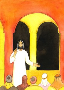 Jeesus saarnasi temppelissä, puhui totuutta ja suututti joitain ihmisiä, jotka sitten suunnittelivat vahingoittaakseen Häntä, 2001 (paperilla) tekijältä Elizabeth Wang