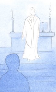 Jeesus oli keskuudessamme messussa, papin kaapussa, kääntyen puoleemme johdattaakseen meidät rukoukseen, 2000 (paperilla) tekijältä Elizabeth Wang