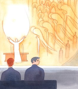 Monilla katolilaisilla ei ole aavistustakaan siitä, mitä messussa todella tapahtuu, 2005 (akvarelli paperille). tekijältä Elizabeth Wang