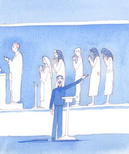 Monet nykypäivän katolilaiset, jotka eivät usko kaikkiin kirkon opetuksiin, maalaavat karikatyyrin viimeistä kirkolliskokousta edeltävästä ajasta, 2005 (akvarelli paperille). tekijältä Elizabeth Wang