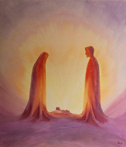 Maria ja Joosef katsovat uskoen Jeesus-lapsia hänen syntymässään, 2001 (öljy aluksella) tekijältä Elizabeth Wang