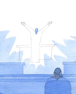 Nuoremman poikani syntymäpäivänä näin Kristuksen alttarilla, hänen kätensä ojennettuina rukoukseen, kun hän ylistää Isää kaikkien toisiaan rakastavien puolisoiden puolesta, 2005 (akvarelli paperille). tekijältä Elizabeth Wang