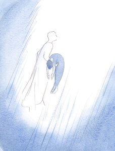 Kerran Kristus syleili nopeasti poistunutta sielua sen puhdistuksen jälkeen ja nosti sen - kuin vastasyntyneen vauvan - korkealle kohti taivasta., 2001 (paperilla) tekijältä Elizabeth Wang