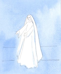 Neitsyt Maria ojensi minulle kätensä ja näytti, kuinka iloinen hän on siitä, että häntä rakastetaan ja toivotetaan tervetulleeksi, 2005 (vesiväri paperille). tekijältä Elizabeth Wang