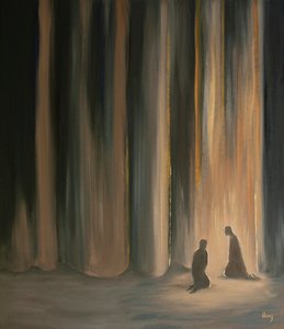 Rukouksemme, jopa pimeässä, yhdistävät meidät Jeesukseen, joka valmistaa meidät verhon takana olevaan taivaalliseen kirkkauteen, 2001 (öljyä laivalla) tekijältä Elizabeth Wang