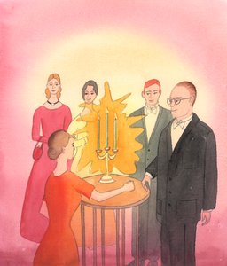 Televisio-ohjelmissa ihmiset ovat kuvattu "ennen" ja "jälkeen", kun he oppivat sosiaalisia taitoja, 2004 (w/c paperilla) tekijältä Elizabeth Wang