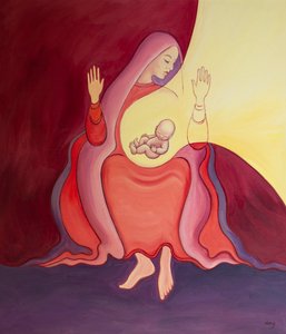 Siunattu Neitsyt Maria on ?Pyhä talo? joka synnytti Jumalan Pojan kohdussaan ja on ikuisesti kunnioitettava, 2001 (öljy laivalla) tekijältä Elizabeth Wang