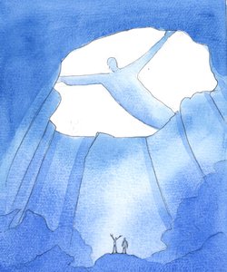 Isä näkee kaiken, mitä meille tapahtuu, kun elämme ja työskentelemme maallisen elämän "pimeydessä", ikään kuin syvässä luolassa, kaukana taivaan kirkkauden alapuolella, 2005 (vesiväri paperille). tekijältä Elizabeth Wang