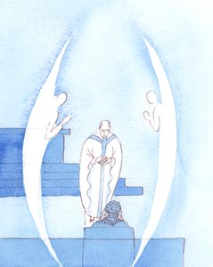 Pyhä eukaristia, joka on Jeesus Kristus todella läsnä, on niin suuri ja pyhä lahja, että kaksi enkeliä seuraa pappia, kun hän kantaa siunattua sakramenttia meille, ehtoolliselle, 2005 (vesiväri paperille). tekijältä Elizabeth Wang
