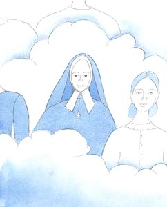 Herra näytti minulle pyhän Bernadetten, joka on nyt autuaasti onnellinen taivaassa muiden pyhimysten kanssa lyhyen ja tuskallisen elämänsä jälkeen, 2005 (akvarelli paperille). tekijältä Elizabeth Wang