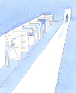 Herra näytti minulle sarjan julisteita, jotka edustivat monia katolisissa kouluissa opiskeltavia aineita, 2005 (akvarelli paperille). tekijältä Elizabeth Wang