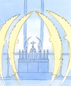 Enkelit "varjelevat" Herraa, joka on läsnä Tabernaakkelissa Siunatussa Sakramentissa, 2004 (paperilla) tekijältä Elizabeth Wang