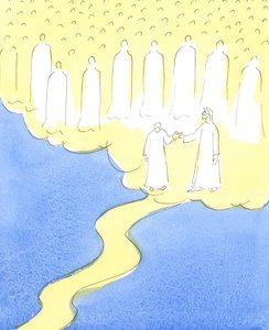 Siunattua sielua, joka on kestänyt loppuun asti, rakkaudessa Kristusta ja lähimmäistänsä kohtaan, Kristus johdattaa kädestä tapaamaan taivaallisia ystäviä, jotka ovat kokoontuneet toivottamaan hänet tervetulleeksi joukkoonsa, 2004 tekijältä Elizabeth Wang