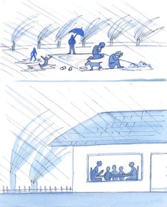 Perhe, jolla on katto pään päällä ja ruokapöytä, on hyvin valmistautunut arkeen ja koulutukseen, 2003 (paperilla w/c) tekijältä Elizabeth Wang