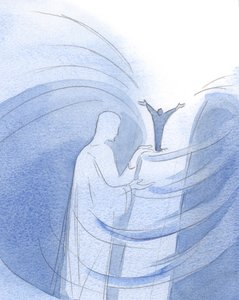 Mitä enemmän arvostan Kristuksen ystävyyttä ja uskon Hänen evankeliumiinsa, sitä useammin Hän tukee minua - Voimallaan - suurella korkeudella, Isän edessä., 2001 (w/c paperilla) tekijältä Elizabeth Wang
