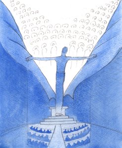 Hänen kauttaan, Hänen kanssaan: Kristus, joka on läsnä keskuudessamme, repii irti verhon, joka erottaa meidät taivaasta, 2005 (akvarelli paperille). tekijältä Elizabeth Wang