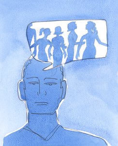 Jatkuva pornografisten fantasioiden parissa eläminen on kuin asuisi vieraassa maassa, loukussa itsensä hemmottelussa, välttäen jokapäiväisen elämän iloja ja velvollisuuksia ja "välttäen" yhteyttä kaikkirakkaaseen Jumalaan., 2004 (akvarelli paperille). tekijältä Elizabeth Wang