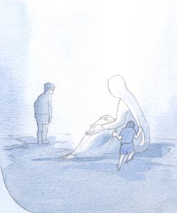 Havainnollistaakseni suhdettamme Mariaan, näin pienen lapsen hiipivän äänekkäästi, mutta silti saavan lohtua; toinen lapsi, ylpeä ja epäluottamus, piti etäisyyttä, joten häneltä puuttui apua., 2001 (w/c paperilla tekijältä Elizabeth Wang