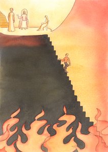 Meillä on mahdollisuus valita, laskeudumme syntiin ja helvettiin tai seuraamme Kristuksen tietä taivaaseen, 2005 (akvarelli paperille). tekijältä Elizabeth Wang