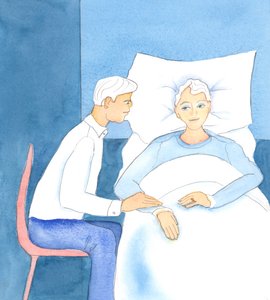 Kun perheenjäsen on hyvin huonossa kunnossa, on tärkeää, että kristityssä perheessä valmistaudutaan aktiivisesti kuolemaan, käännytään luottamuksella Herran puoleen, puhutaan totuudenmukaisesti toisillemme ja toimitaan herkästi ja lempeästi, 2005 (akvarell tekijältä Elizabeth Wang