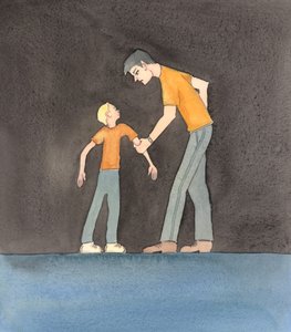 Kun ihminen elää vain tyydyttääkseen omia mielihalujaan ja kohtelee jopa lasta julmasti, hän tarvitsee armon ihmeen, jotta hän muuttuisi ja olisi jonain päivänä valmis taivaaseen, ei helvettiin - elämään pyhien ja enkelien keskellä, 2005 (akvarelli paperil tekijältä Elizabeth Wang