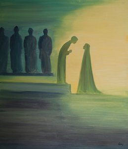 Kun Jeesus-lapsi löydettiin temppelistä, Hän kumartui eteenpäin ja selitti hiljaa Pyhälle Äidilleen (äärettömällä ystävällisyydellä), että Hänen työnsä oli jo alkanut., 2001 (öljyä aluksella) tekijältä Elizabeth Wang