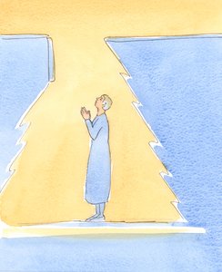 Kun katumme vilpittömästi syntejämme ja heikkouksiamme, on ikään kuin luukku avautuisi päämme yläpuolelle, kun taivaan valo loistaa sisään tuomaan meille rauhan, valon ja läheisemmän yhteyden Jumalan kanssa., 2004 (w/c paperilla) tekijältä Elizabeth Wang