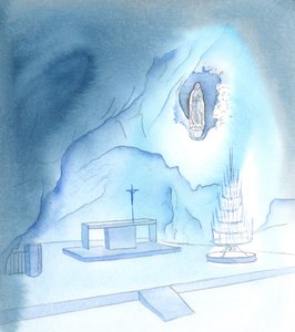 Ken apua tarvitsee, tarvitsee vain kääntyä Jeesuksen ja Marian sydämen puoleen, jotka yhdessä auttavat ja pelastavat meidät, 2005 (akvarelli paperille). tekijältä Elizabeth Wang